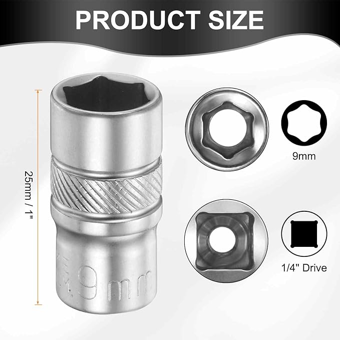 HARFINGTON 6 Points Deep Socket 1/4" Drive 9mm Deep Metric CR-V Steel Polished Nickel Plating Flip Sleeve 25mm / 1" Extra Long Socket Tool for Home Auto Nuts Bolts Repair
