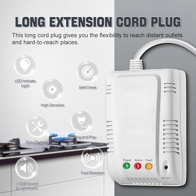 Household Combustible Gas Detector, JT-KBI5 RV Methane Gas Leak Detectors with Visible and Audible Alarm, Plug and Play with Advanced Chip Technology