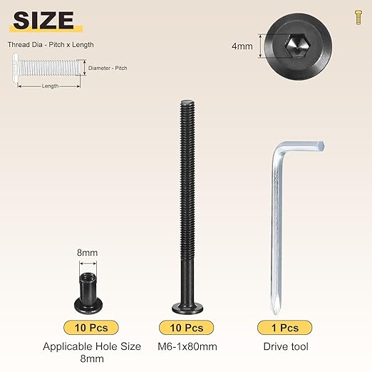 METALLIXITY Furniture Crib Screws Replacement Set with Wrench(M6-1x80mm) 20Pcs, Galvanization Connector Bolts M6 Screw Barrel Nuts Binding Screws, for Chair Cabinet Bed, Black