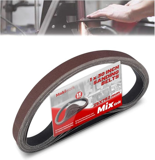 1 x 30 Inch 25 x 762 mm Sanding Belts Set - 15-Pack with 80/120/150/240/400 Grits, Aluminum Oxide Abrasive Belts for Woodworking