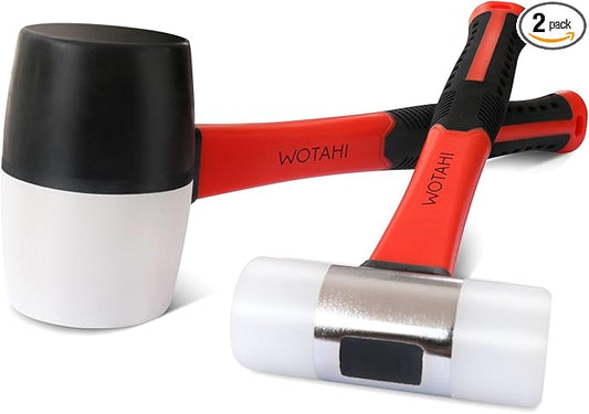 2-Piece Rubber Mallet Hammer Set-16 oz. White and Black Rubber Mallet and 35 mm Dual Nylon Head Installation Hammer, Soft Grip Fiberglass Handle, Double-faced Non-marring and Solid Head