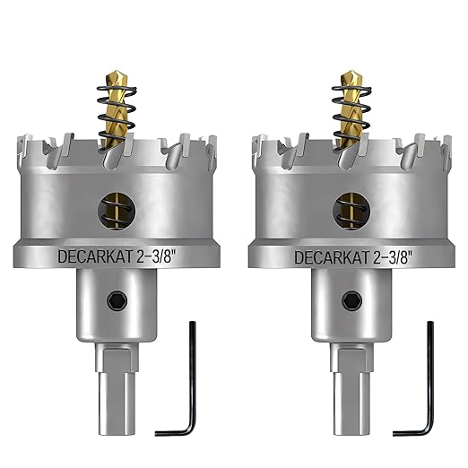 2-Pack 2-3/8" TCT Hole Saws for Hard Metal, Heavy Duty 60mm Tungsten Carbide Tipped Hole Cutters Set with Spring-Loaded Pilot Drill Bits for Stainless Steel, Metal, Iron, and Plastic.