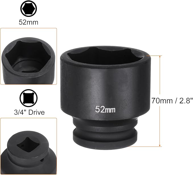 HARFINGTON 6-Point Impact Socket 3/4" Drive 52mm Metric 40Cr Alloy Steel Spindle Axle Nut Impact Socket