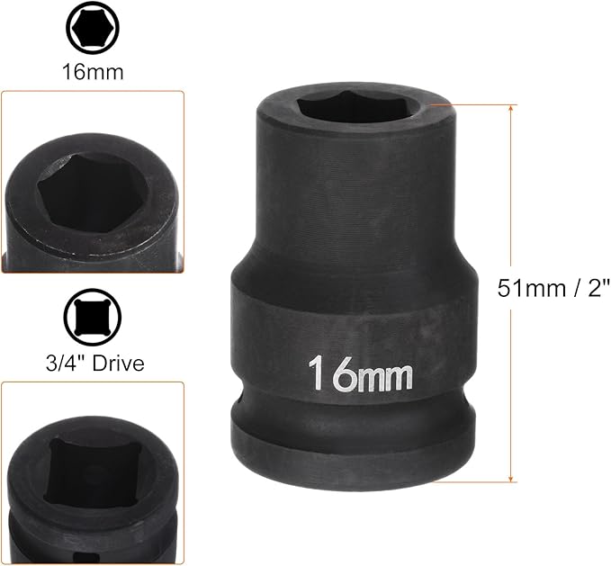 HARFINGTON 6-Point Impact Socket 3/4" Drive 16mm Metric 40Cr Alloy Steel Spindle Axle Nut Impact Socket