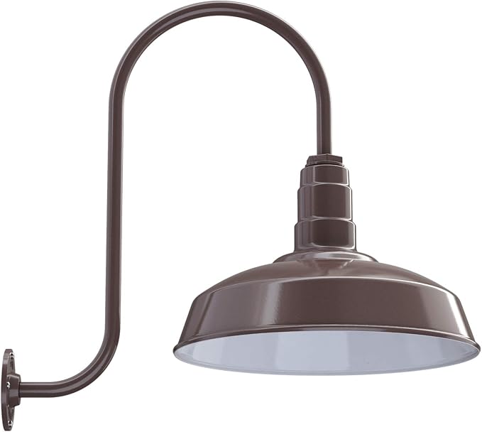 Steel Lighting Co. | Dusk to Dawn | Gardena Barn Light | Outdoor Wall Mounted | 16" Dome | Upslope Gooseneck | Farmhouse Light Made in America | Dark Bronze Exterior/White Interior