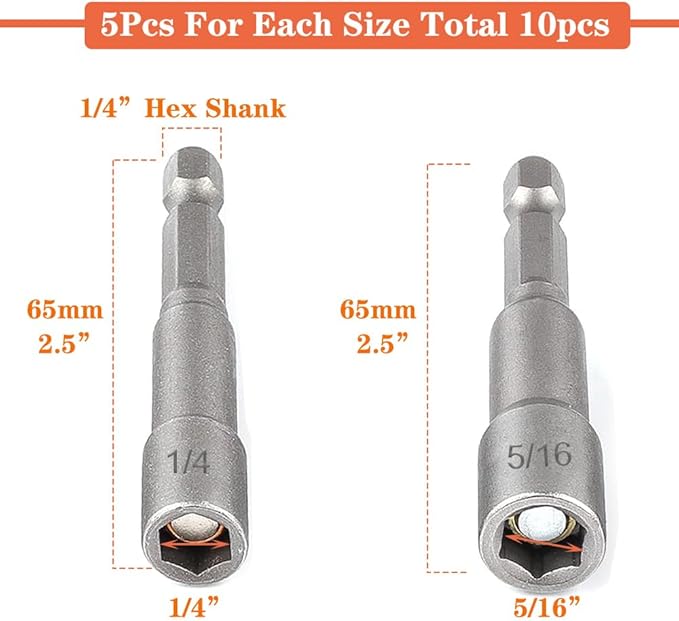 10pcs SAE 1/4??and 5/16??Magnetic Nut Driver Bit Set, 1/4 inch Driver Power Nut Setter Drill Bits for Impact Drill, Socket Adapter Hex Nut Driver Set, 65mm Length