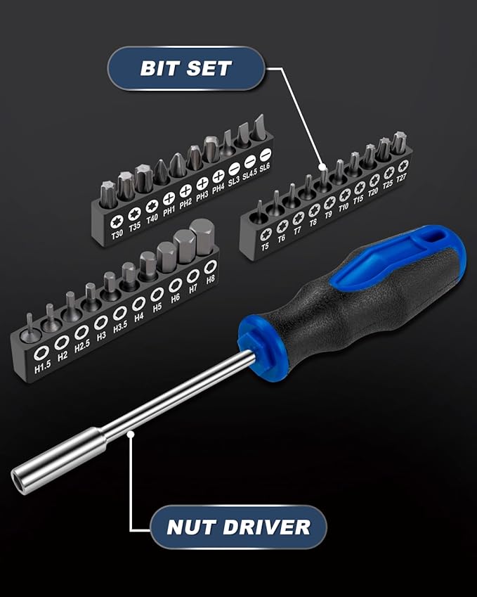 ROTATION 31 Piece Screwdriver Bit Set| Chrome Vanadium Steel | Screwdriver Bit Set Phillips, Tamperproof Torx Bits, & Flat | 1/4 inch Magnetic Bit Driver