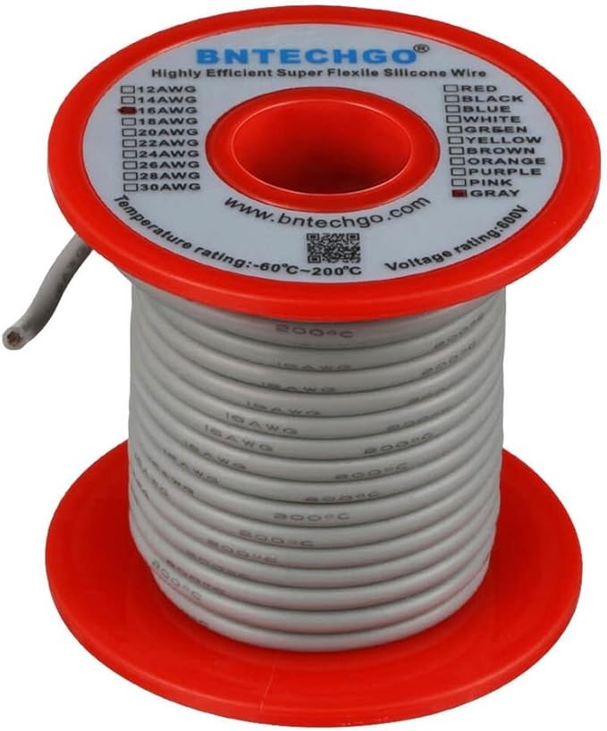BNTECHGO 16 Gauge Silicone Wire Spool 50 ft Gray Flexible 16 AWG Stranded Tinned Copper Wire