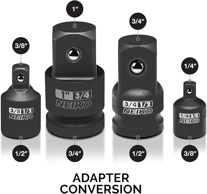 NEIKO 30223A 8 PC Impact Socket Adapter Set, Standard SAE Size, Cr-V Steel, Impact Driver & Wrench Conversion Kit, Locking Impact Socket Adapters & Reducer Set, Ball Detent, 1/4”, 3/8”, 1/2", 3/4”, 1”