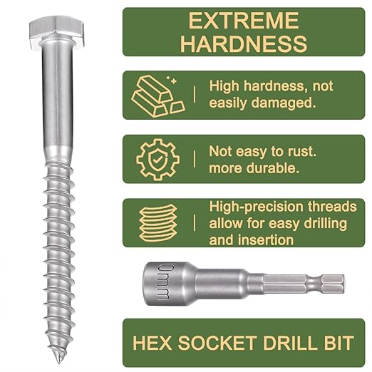 25 Pcs M6x2.36 Inch Heavy Duty Lag Screws 304 Stainless Steel 18-8 Hex Head Wood Screws for Heavy Duty Furniture Assembly Wardrobe FramesSolid Wood Storage Cabinets