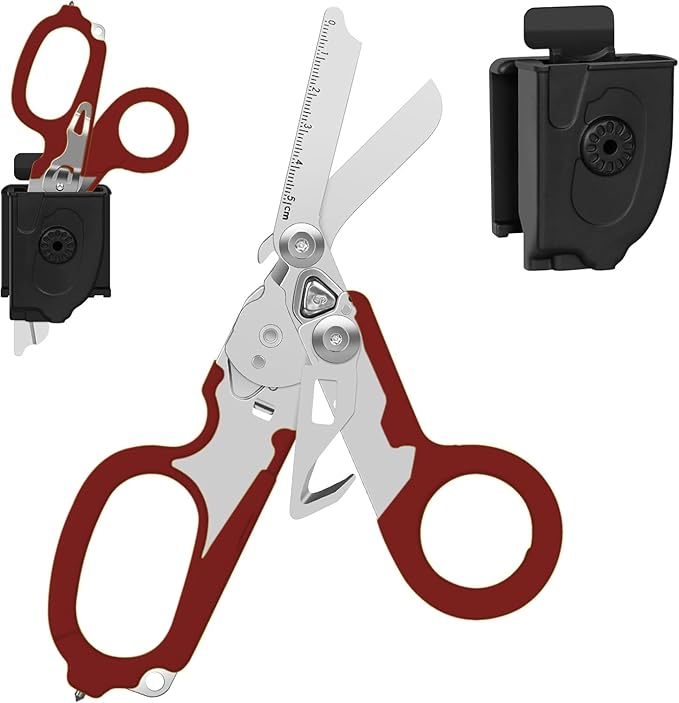 Heavy Duty 6-in-1 Emergency Trauma Shears with Carbide Glass Breaker & Ring Cutter Foldable Stainless Steel Multi-Purpose Scissors for First Responders, Hospital, Home, Camping, Travel Rescue (Red)