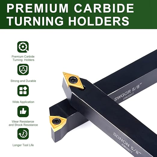 Indexable Lathe Turning Tool-5/8" Shank 7 Pieces Carbide Turning Tool Set, CNC Heavy-Duty Metal Lathe Cutting Tools for Turning Grooving Threading Cutting with Tin Coated Carbide Inserts