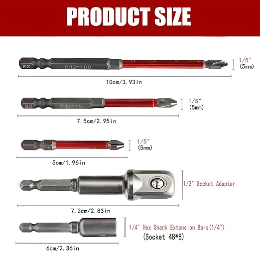 10 Piece Self Centering Drill Bit Set and Screwdriver Head Set with Hex Shank Extension Bars and Hex Shank 1/2" Socket Adapter, Woodworking Drill Bit for Wood and Hinge, Cabinet, DIY Tools Kit
