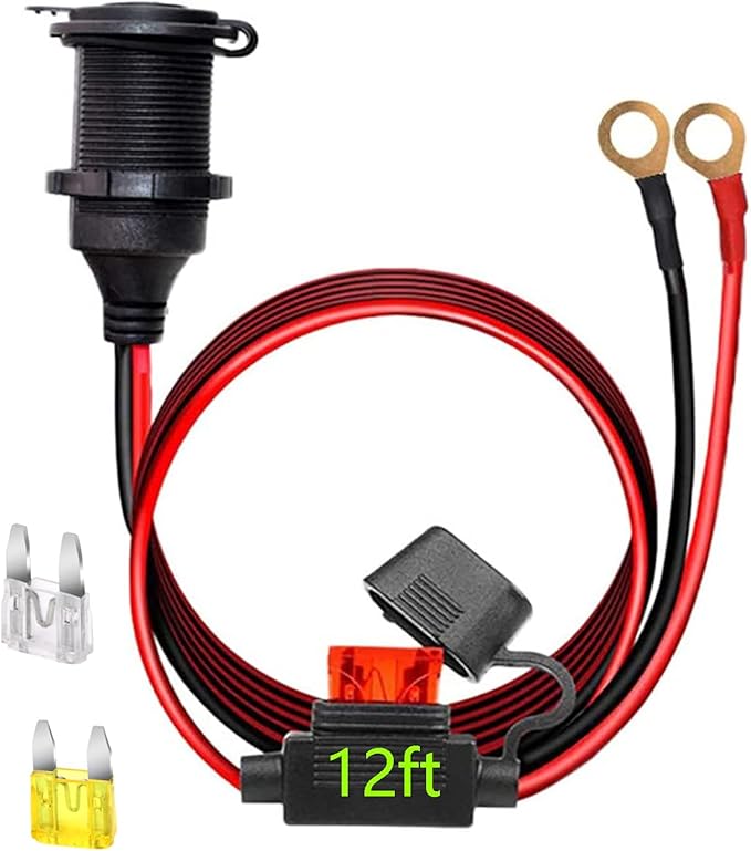12V/24V Fixed Thread Cigarette Lighter Socket Extension Cable with Perforated Terminal Direct Battery Type car Adapter 2.5mm² 20A Heavy Duty Cable 12 FT（Free Two Blade fuses）