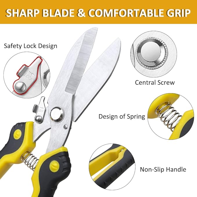 Scissors Heavy duty 9-inch, Shears Multipurpose, Stainless Steel Serrated Blades, Easy Cutting Iron Sheet, Leather, Tin, Wires, Cardboard