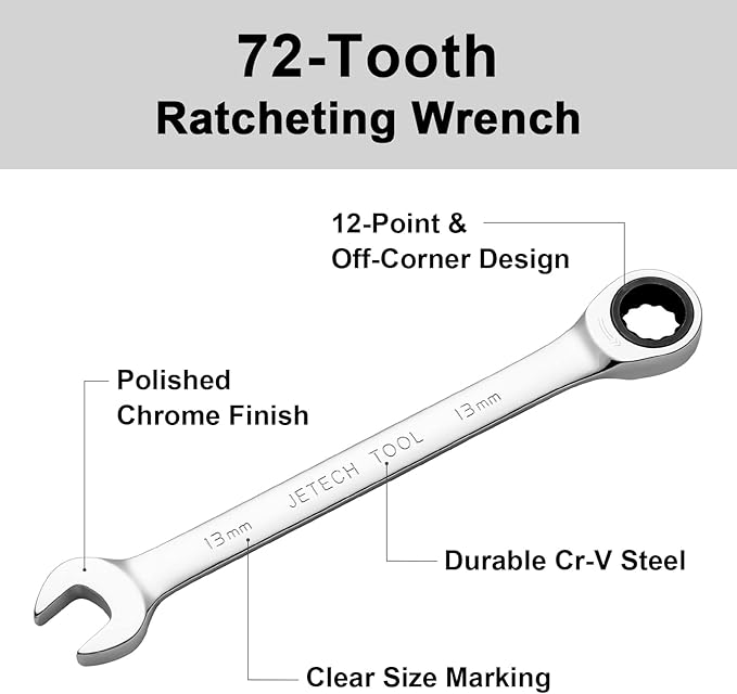 Jetech 13mm Ratcheting Combination Wrench Metric, Industrial Grade Gear Spanner with 12-Point Design 72-Tooth Ratchet, Forged and Heat-Treated Cr-V Steel,