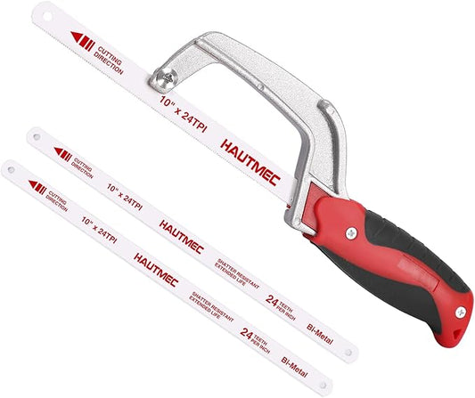HAUTMEC Compact Hacksaw, Mini Hack Saw with 3Pcs 10" Bi-Metal HSS Blade, Small Hand Saw for Metal Wood PVC, Especially Cuts in Tight Hard-Reach Spaces – HT0355