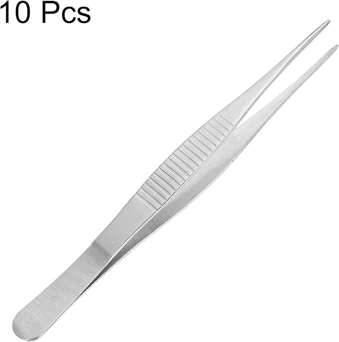 uxcell Stainless Steel Tweezers 5-Inch Straight Serrated Tip Stainless Steel Multipurpose Sewing Tweezer Silver 10 Pcs