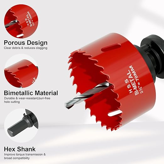 2-3/4" (70mm) Bi-Metal M42 High Speed Steel Hole Saw with Dust Bowl and Pilot Drill Bit, Smooth Cutting Edge for PVC, Drywall, Wood, Plastic, Gypsum Board, Rubber, Thin Metal