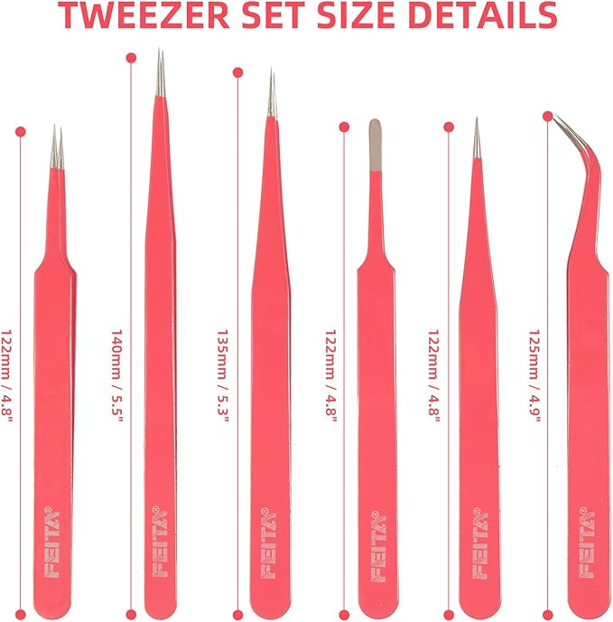 FEITA Pink Precision Craft Tweezers Set, Upgraded Stainless Steel Pointy, Curved, Falt Twizers for Crafting, Bead, Sticker, Jewelry-Making, Hobby Tools