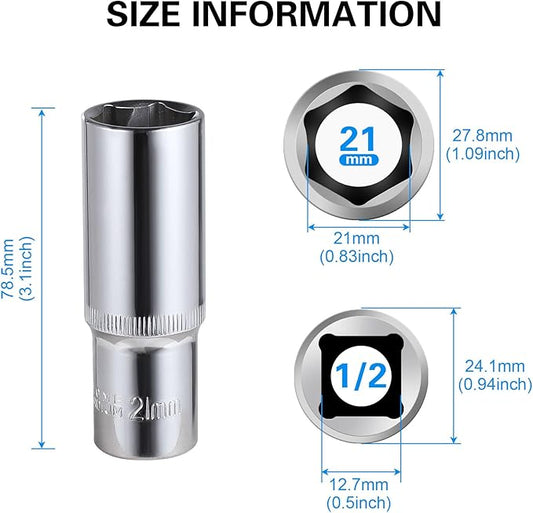 2-Piece 21mm Deep Sockets, 1/2-Inch Drive, 6-Point, 3.1'' Length, Corrosion Resistance, Compatible with Standard Ratchet Wrenches and Tools