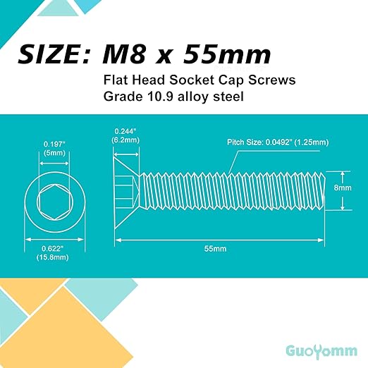M8-1.25 x 55mm 15PCS Flat Head Hex Socket Cap Screws, Countersunk Bolts, 10.9 Grade Alloy Steel, Black Oxide Finish, Metric Allen Drive, Fully Threaded