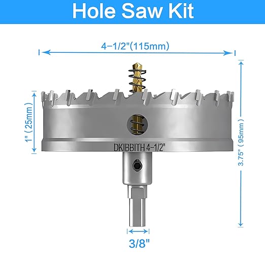 TCT Hole Saw Set, 4-1/2"(115mm) Heavy Duty Tungsten Carbide Tipped Hole Cutters for Stainless Steel Mild Steel Copper Iron Brass Plastic and More, with Titanium-Plated Pilot Drill Bits.
