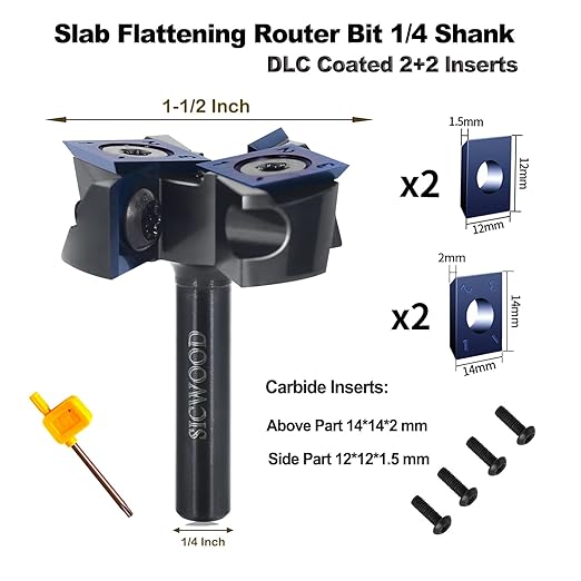 Slab Flattening Router Bit 1/4 Shank with DLC Coated, 1-1/2??Cutting Dia, 2+2 Carbide Insert, CNC Spoilboard Surfacing Router Bit, Wood Planing Bit, for Flycutter/ Slab Leveler/ Rabbeting SICWOOD