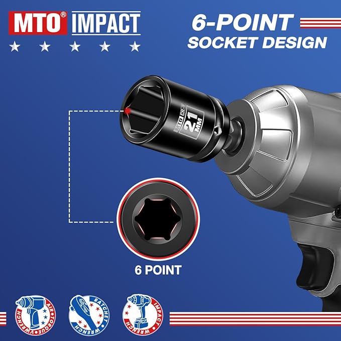 MTO 1/2" Drive 21mm Shallow Impact Socket, 6-Point Metric Socket for Automotive Maintaince, CR-V Steel Meets ANSI Standards