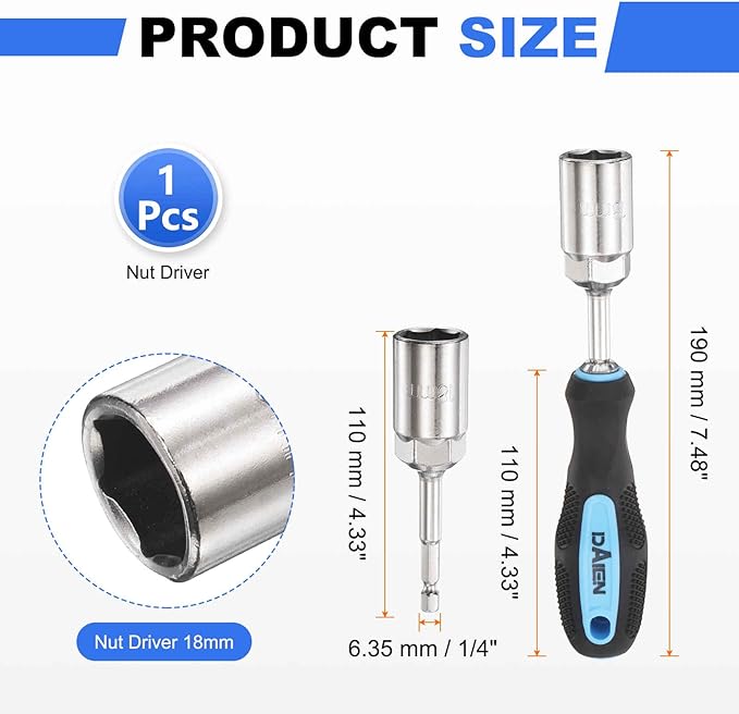 HARFINGTON Metric Nut Driver 18mm CR-V Non-Magnetic Detachable Tip Hollow Shafts Hex Socket Screwdriver with Anti-Slip Handle for Automobile Repair Bit Driver, Blue/Black