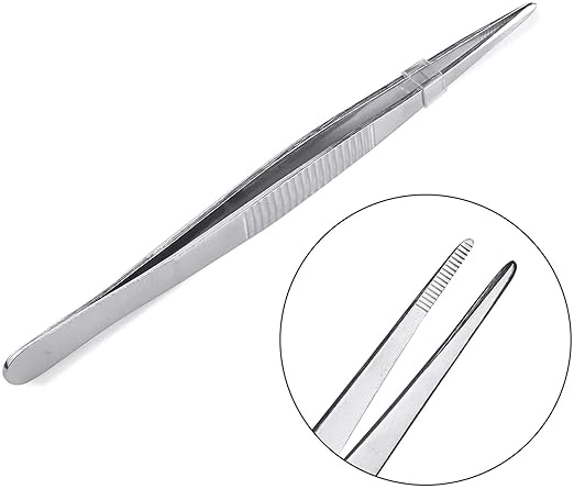 6.3Inch Long Forceps Tweezers, Serrated Bent Flat Tips Precision Curved Science Tongs Jewelers Needle Metal Sewing Sharp Small Kitchen Cooking Tweezers with Teeth Knurled Handles (1PCS-140mm)