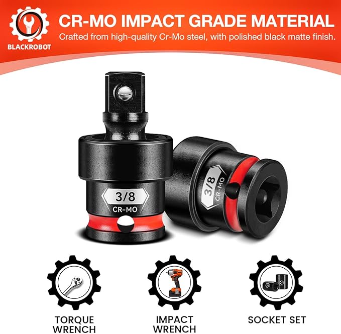 BLACKROBOT 3/8" Drive Impact Universal Joint Set, CR-MO Swivel Socket Adapter for Automotive & Motorcycle Repair, Flexibly Reach Tight-Angle Fasteners