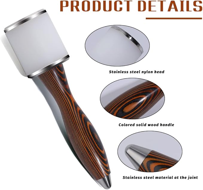 Leather Nylon Hammer, Straight Head Carving Hammer for Handmade Leather Crafts (Brown/Water-Rippled)