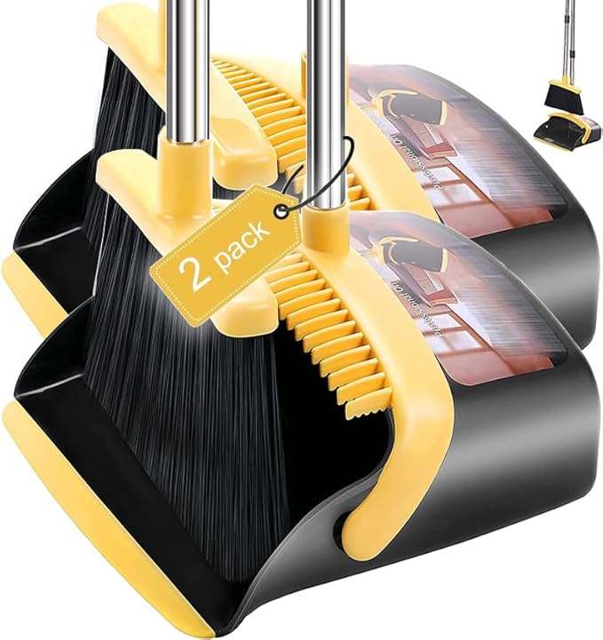 2-Pack is More economical竊똗pgraded Broom and Dustpan竊?with 52" Long Handle, Dustpan Teeth with self-Cleaning Function, Indoor and Outdoor Sweeping, Perfect for Home Office