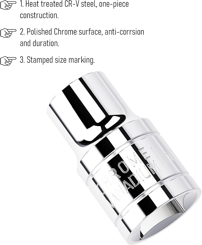 11mm Shallow Socket, 1/2 Inch Drive, 6-Point, Metric, Heat Treated CR-V Steel Short Sockets, Full Polishing, 1.5 Inch Length