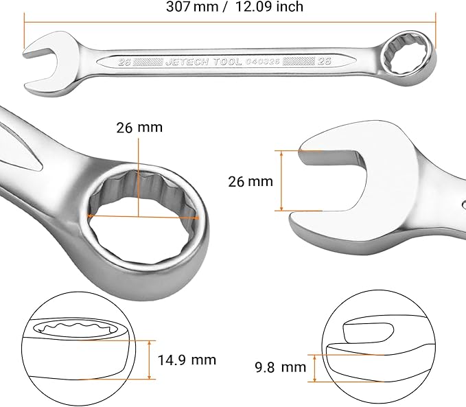 Jetech 26mm Combination Wrench - Industrial Grade Spanners with 12-Point Design, 15-Degree Offset, Made with Durable Chrome Vanadium