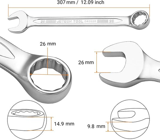 Jetech 26mm Combination Wrench - Industrial Grade Spanners with 12-Point Design, 15-Degree Offset, Made with Durable Chrome Vanadium