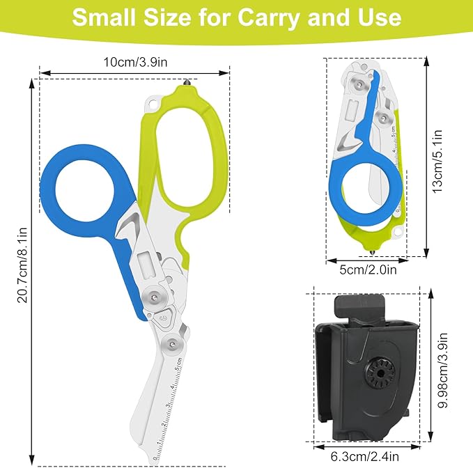 6-in-1 Heavy Duty Emergency/Trauma Shears, with Carbide Glass Breaker, Ring Cutter, Foldable, Stainless Steel Multi-Purpose Scissors for Hospital, Home, Camping, and Travel Rescue Tools (Green+Blue)