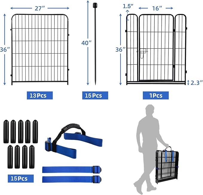 ADAVIN Garden Fence with Gate 36 in(H)횞31 Ft(L) 14 Panels, Camping Fence, Tall Animal Barrier Fence, Pet Fences for Dogs Outside, Black Metal Decorative Garden Fencing, Flower Bed Fencing