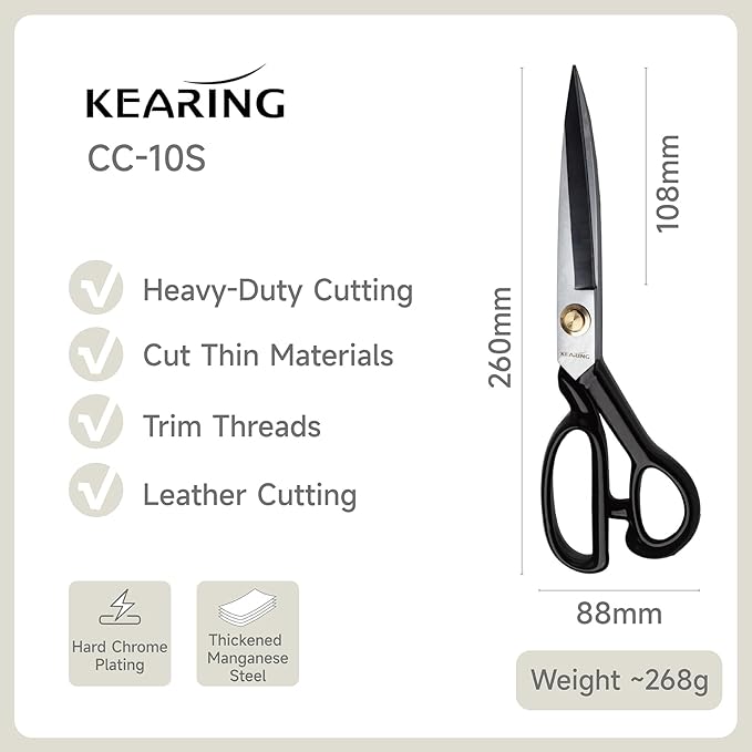 KEARING 10 Inch Heavy Duty Fabric Scissors, Professional Tailor Shears for Precision Cutting of Leather, Denim, and Multi-Layer Fabrics for Sewing, Quilting, Dressmaking - 0.6 lb - Right-Handed