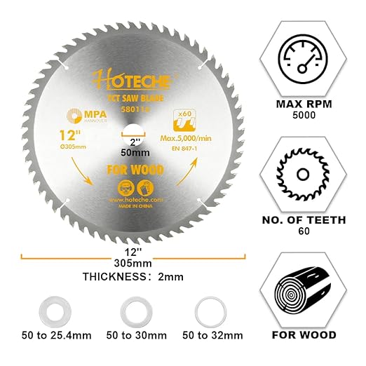 Hoteche 12-Inch Circular Saw Blade for Wood 60-Tooth Tungsten Carbide-Tipped Blade High-Performance Professioal Saw Blade for Miter Saw and Table Saws with 1-1/4-inch, 1-3/16-inch, 1-inch Arbor