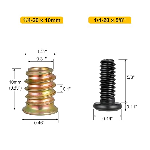Threaded Inserts and Bolts Set, 45 Sets, 1/4-20 x 10mm Threaded Inserts for Wood, 1/4-20 x 5/8" Furniture Screws, 1/4 Bolt Flat Head 304 Stainless Steel, Hex Socket Drive, with 2Pcs Hex Wrench