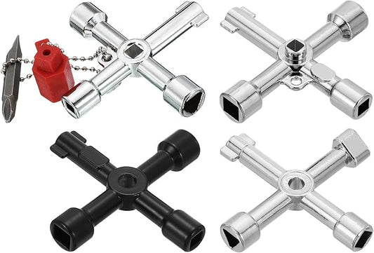 PATIKIL Multi-Functional Universal Cross Key Kit, 4 Pack Zinc Alloy 4 Way Plumber Keys for Electric Control Water Gas Meter Box Cupboard Cabinet, Silver