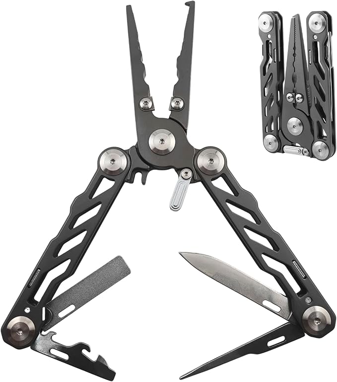Pristis Multitool Pocket Pliers, Foldable Stainless Steel Titanium Coated Multi-Function Hook Remover, Portable Folding Professional Saltwater Split Ring Fishing Gear Kit for Outdoor Camping