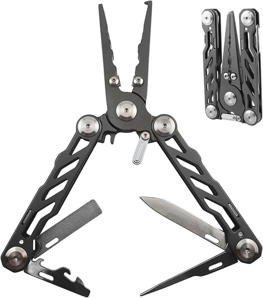 Pristis Multitool Pocket Pliers, Foldable Stainless Steel Titanium Coated Multi-Function Hook Remover, Portable Folding Professional Saltwater Split Ring Fishing Gear Kit for Outdoor Camping