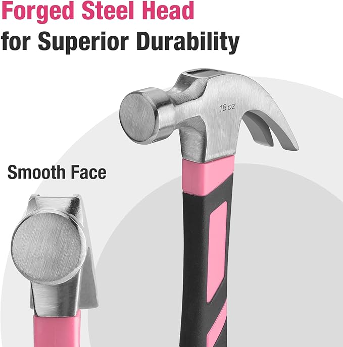 WORKPRO 16 oz Claw Hammer with Fiberglass Handle, All Purpose Hammer with Forged Hardened Steel Head, Pink Ribbon