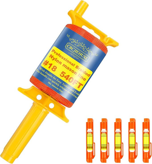 Mason Line with Handle #18, 540 Ft String, with 5 Built-in Levels and Spool Fluorescent String Line, Braided Nylon String for Gardening or Masonry Tools, Construction Twine for Outdoor Projects