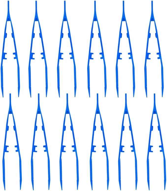 SE 7-Inch 12-Piece Blue Lightweight Plastic Tweezer Set - Non-Magnetic, Serrated Jaw, Textured Grip for Crafts, Electronics, and First Aid - 365PT12