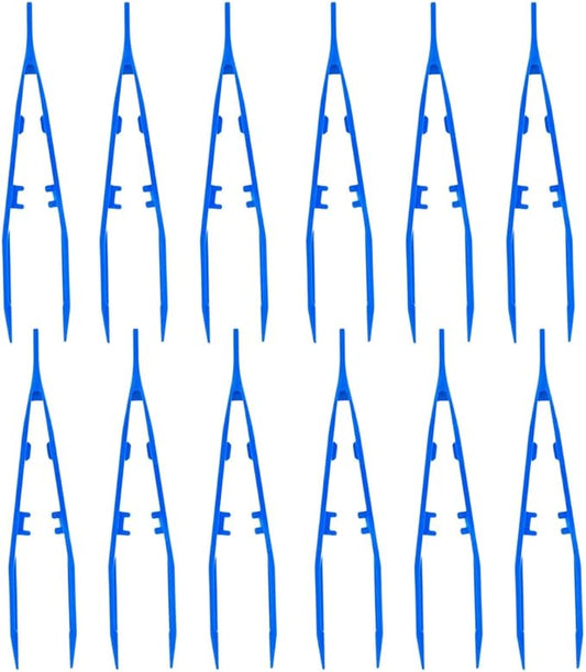 SE 7-Inch 12-Piece Blue Lightweight Plastic Tweezer Set - Non-Magnetic, Serrated Jaw, Textured Grip for Crafts, Electronics, and First Aid - 365PT12