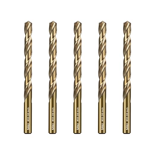 SALI Cobalt Drill Bit Set, 5Pcs 3/8" M35 High Speed Steel Jobber Length Drill Bit Kit for Hardened Metal, Stainless Steel, Cast Iron, Wood and Plastic, with Index Storage Case
